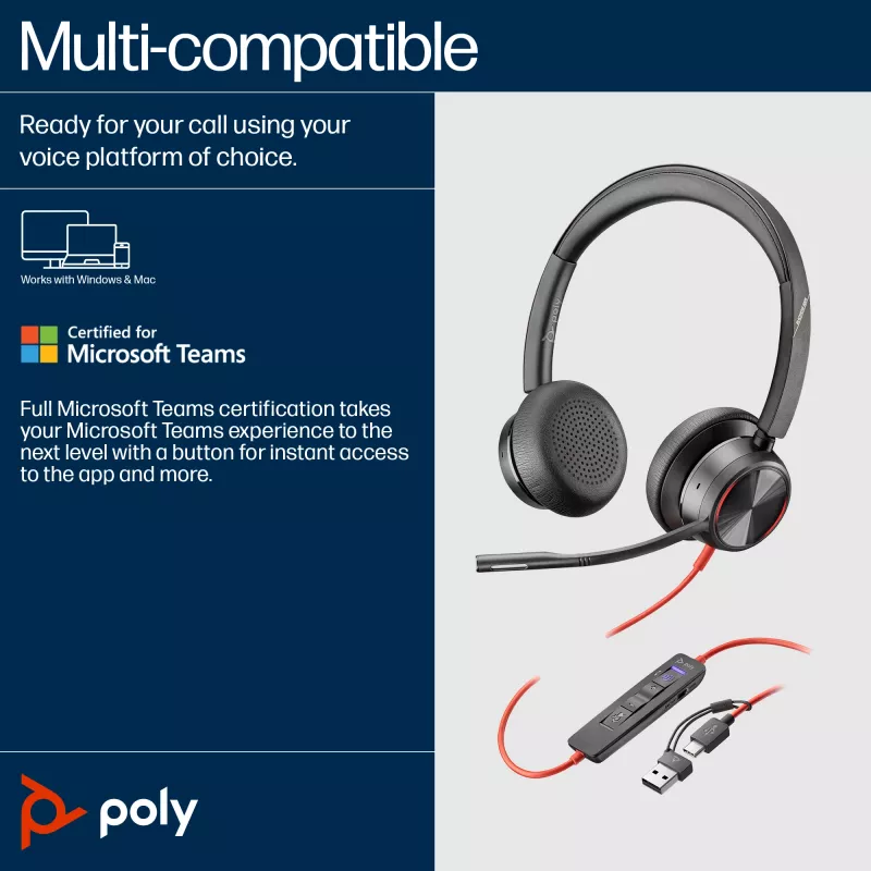 HP Poly Juodawire 8225 USB-C ausinės, laidinės, biurui/skambučių centrui, 185 g, ausinės, juodos