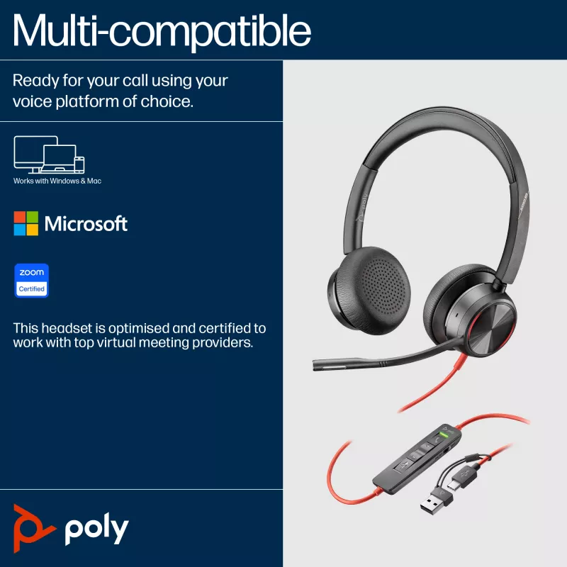 HP Poly Juodawire 8225 USB-C ausinės, laidinės, biurui/skambučių centrui, 185 g, ausinės, juodos