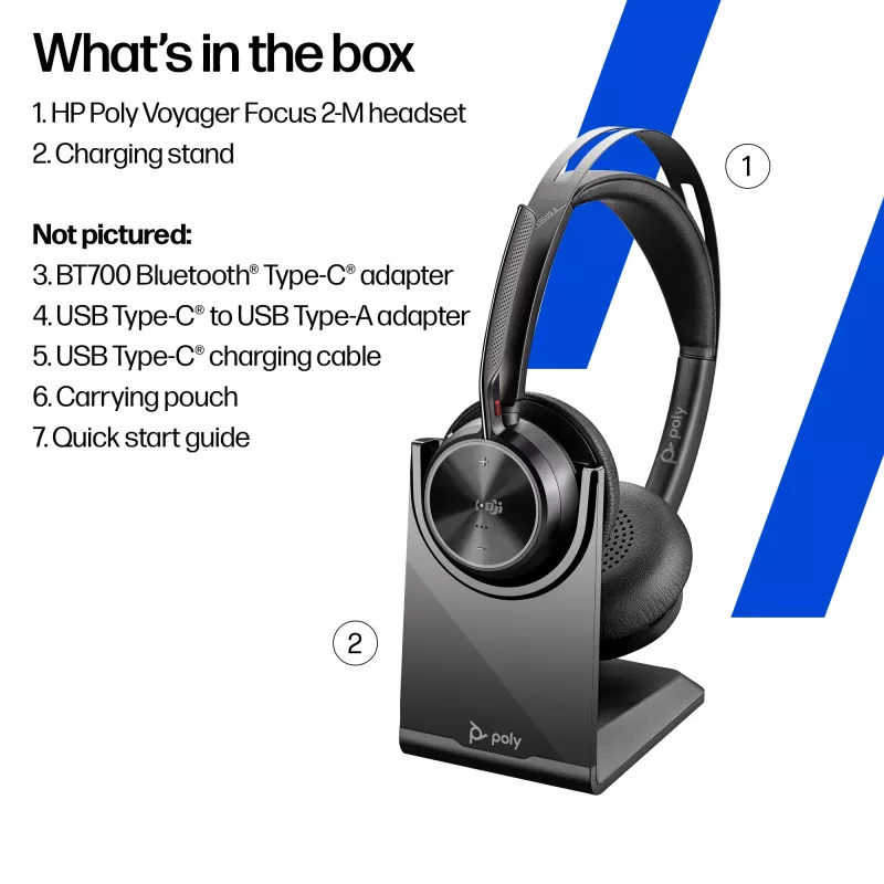 HP Poly Voyager Focus 2-M USB-C-C ausinės USB-C/A adapteris įkrovimo stovas Poly+ 3 metai