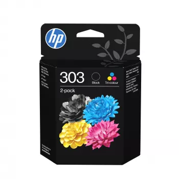 HP 303 2 vnt. pakuotė Juoda/Trijų spalvų Originalios rašalo kasetės, Standartinis resursas, Juoda, Žalsvai mėlyna, Purpurinė, Geltona, Pigmentinis rašalas, Dažinis rašalas, 4 ml, 4 ml