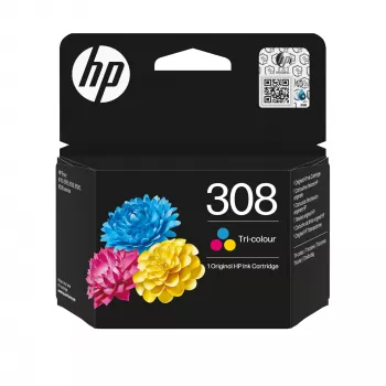HP 308 Originalius trijų spalvų rašalo kasetė, standartinės talpos, žydra, rausvai raudona, geltona, dažų pagrindo rašalas, 1 vnt., 500 puslapių, kombinuota pakuotė