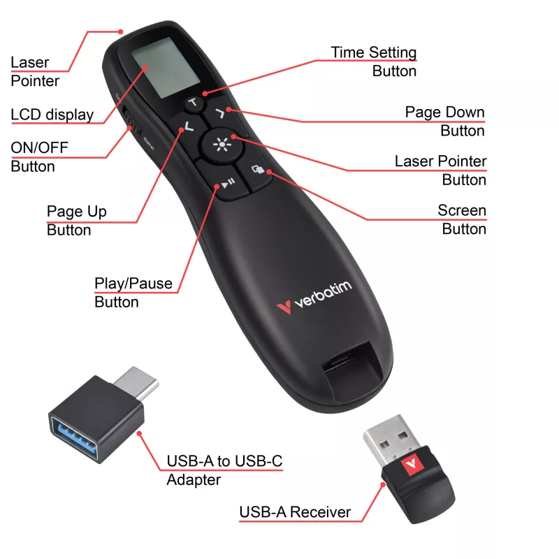 Verbatim Keynote belaidis pateikčių valdiklis su LCD ekranu, RF, USB, 30 m, juodas