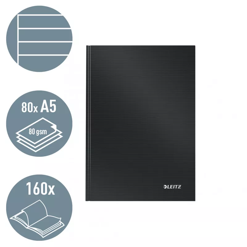Leitz Notebook Solid Hardcover A5 Ruled 90 gram 80 sheets, Monochromatic, Juoda, A5, 80 sheets, Glossy, 80 g/m²