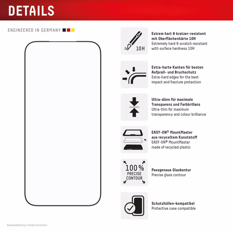 Ekrano apsauga e.v.i. Displex Premium, skirta iPhone 17 Pro Max, su montavimo priedu Mount Master (atspari įbrėžimams ir nešvarumams, skaidri / juoda)