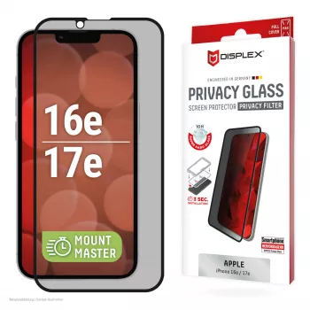Privatumą užtikrinanti grūdinto stiklo ekrano apsauga e.v.i. Displex (10H), skirta Apple iPhone 16e/17e su privatumo filtru, atspari smūgiams ir įbrėžimams