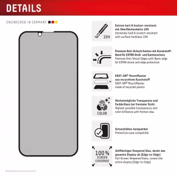 Privatumą užtikrinanti grūdinto stiklo ekrano apsauga e.v.i. Displex (10H), skirta Apple iPhone 16e/17e su privatumo filtru, atspari smūgiams ir įbrėžimams