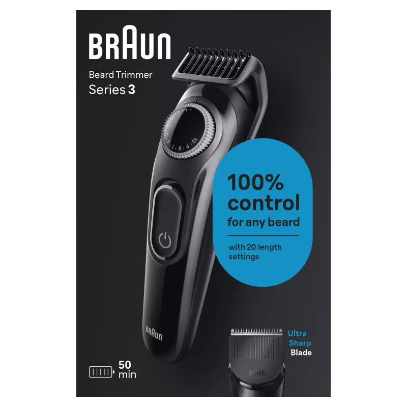 Braun BeardTrimmer 3 Beard Trm 3 BT3400, plaunama, baterija, juoda