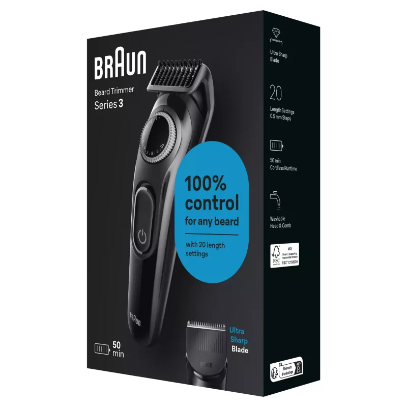 Braun BeardTrimmer 3 Beard Trm 3 BT3400, plaunama, baterija, juoda