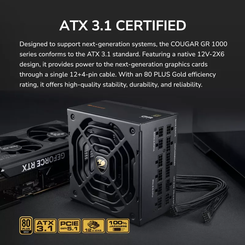 Maitinimo blokas COUGAR GR 1000W ATX3.1 PCIE 5.1 80 PLUS Gold, 1000 W, 20+4 kontaktų ATX, 120 mm ventiliatorius