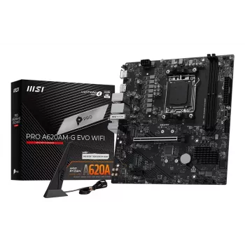 Pagrindinė plokštė MSI Pro A620AM-G EVO WIFI — AMD A620A mikroschemų rinkinys, Socket AM5, mikro ATX, DDR5, 2 atminties lizdai, Wi‑Fi 6E, 2,5 Gb Ethernet