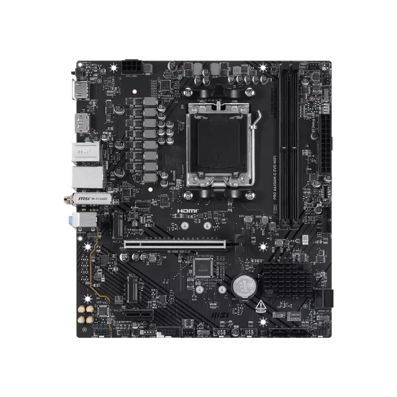 Pagrindinė plokštė MSI Pro A620AM-G EVO WIFI — AMD A620A mikroschemų rinkinys, Socket AM5, mikro ATX, DDR5, 2 atminties lizdai, Wi‑Fi 6E, 2,5 Gb Ethernet