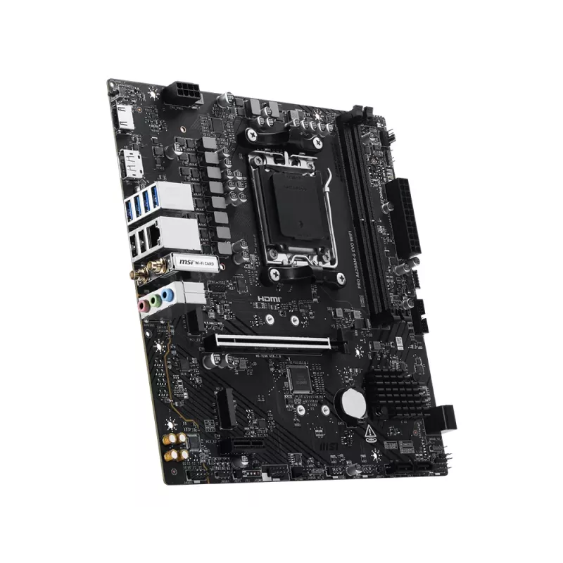 Pagrindinė plokštė MSI Pro A620AM-G EVO WIFI — AMD A620A mikroschemų rinkinys, Socket AM5, mikro ATX, DDR5, 2 atminties lizdai, Wi‑Fi 6E, 2,5 Gb Ethernet