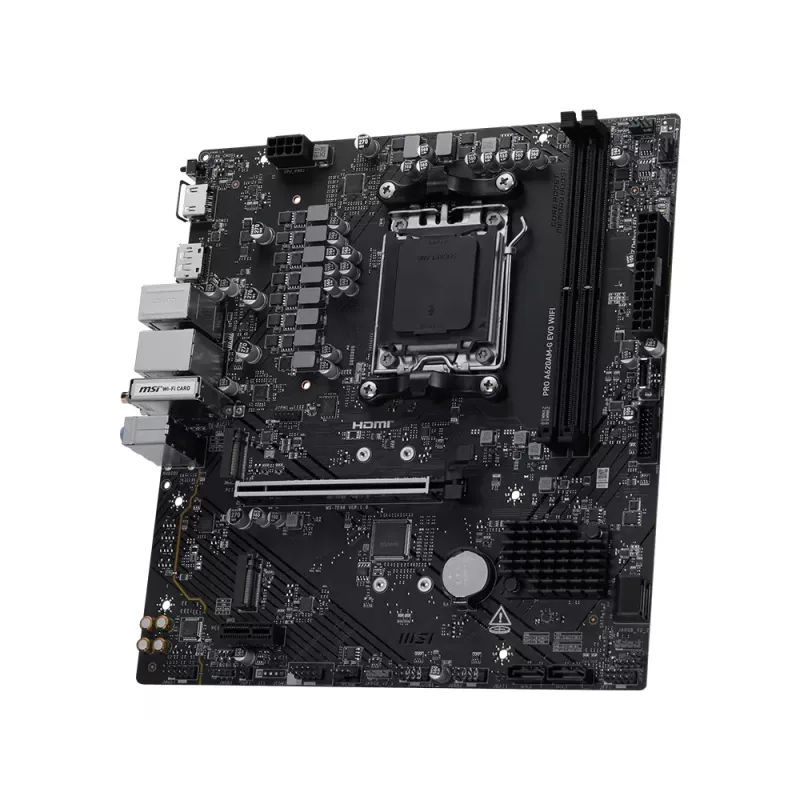 Pagrindinė plokštė MSI Pro A620AM-G EVO WIFI — AMD A620A mikroschemų rinkinys, Socket AM5, mikro ATX, DDR5, 2 atminties lizdai, Wi‑Fi 6E, 2,5 Gb Ethernet