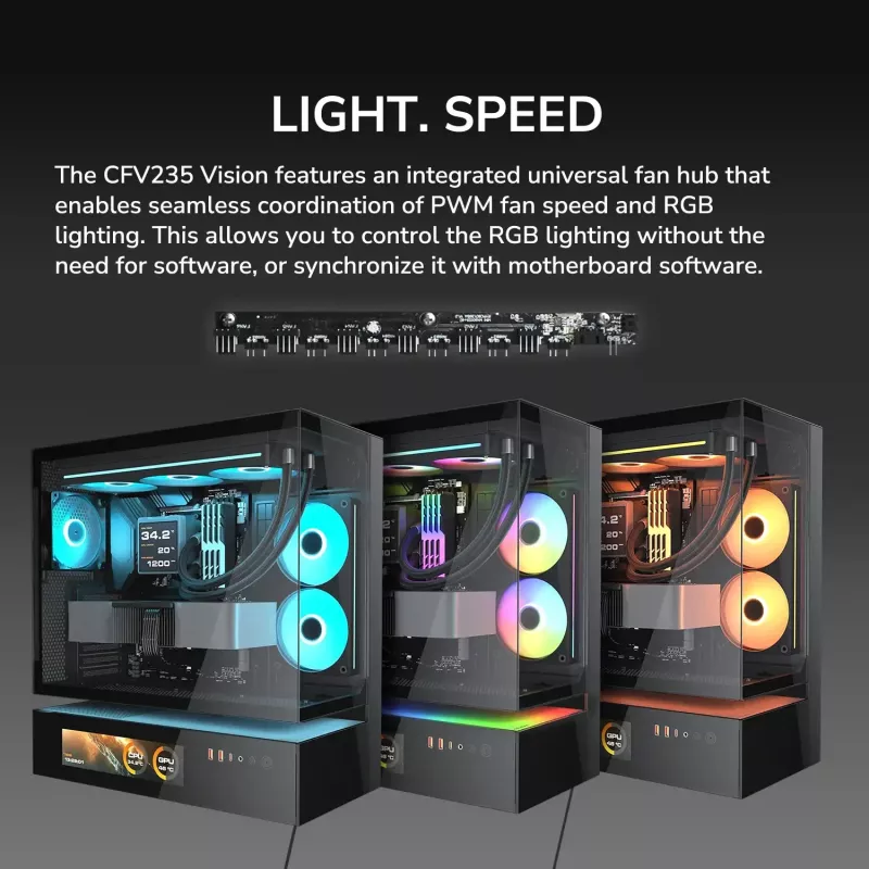 Cougar CFV235 Vision Midi Tower PC korpusas, ARGB, 9,16 colio LCD (1920×462), grūdintas stiklas, juodas