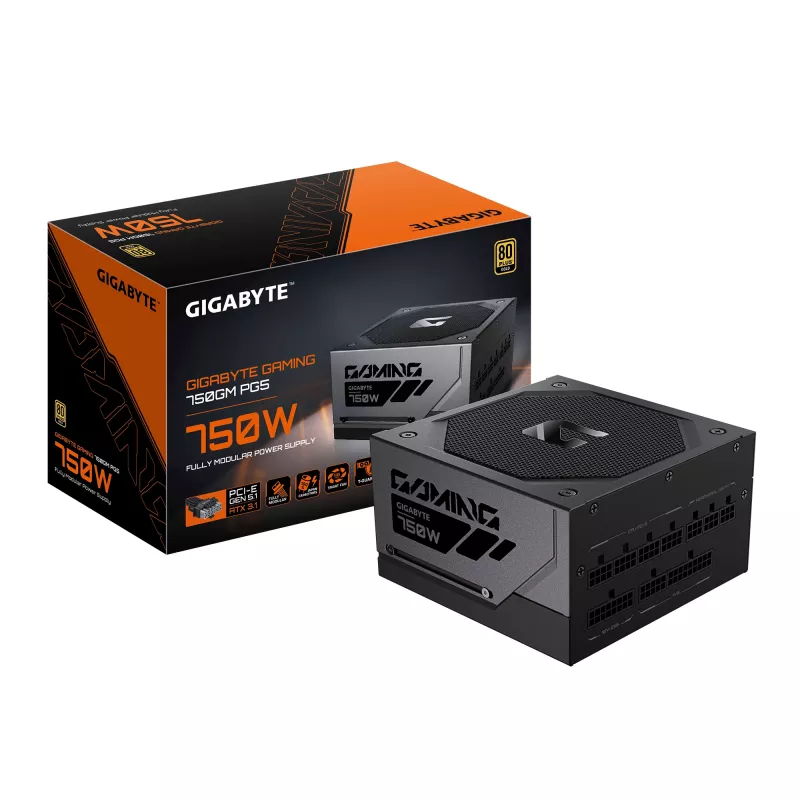 GIGABYTE GAMING 750GM PG5 maitinimo blokas – PCIe 5.1, 80 PLUS Gold, pilnai modulinis dizainas, 135 mm ventiliatorius, atitinka ATX 3.1, EU kištukas