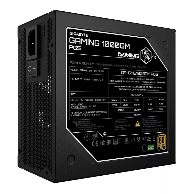 GIGABYTE GAMING 1000GM PG5 maitinimo blokas – PCIe 5.1, 80 PLUS Gold, visiškai modulinė konstrukcija, 135 mm ventiliatorius, ATX 3.1 suderinamas, EU kištukas
