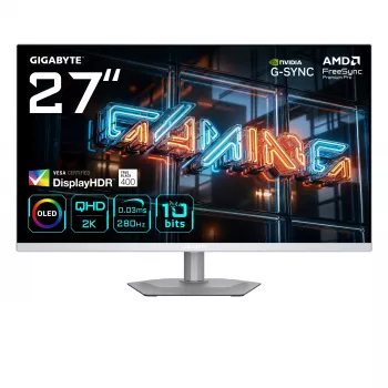 GIGABYTE MO27Q2A ICE 27 colių QD‑OLED žaidimų monitorius — 2560×1440, 280 Hz, 0,03 ms, 250 cd/m², HDMI 2.1, DisplayPort 1.4