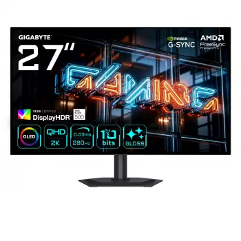 27 colių GIGABYTE MO27Q28GR WOLED QHD žaidimų monitorius — 2560×1440, 280Hz, 0,03ms, 335 cd/m², HDMI 2.1, DisplayPort 1.4