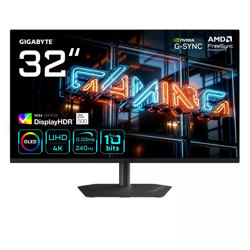 GIGABYTE MO32U24 32 colių QD-OLED žaidimų monitorius, 4K UHD 3840x2160, 240Hz, 0.03ms, HDMI 2.1, DisplayPort 1.4, HDR True Juoda 500
