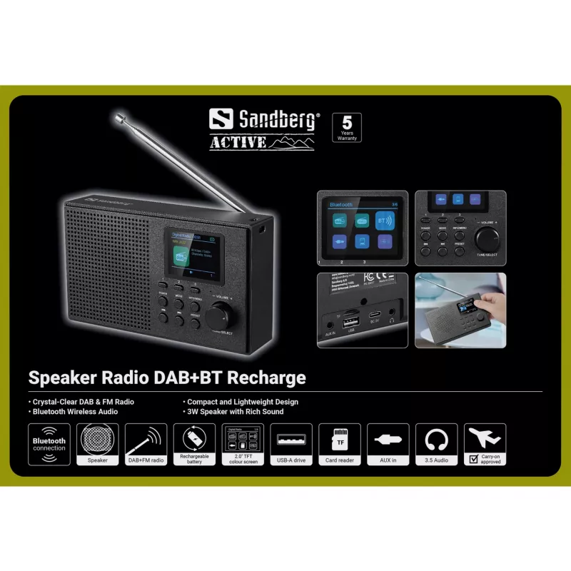 Sandberg garsiakalbis radijas DAB+BT įkraunamas, nešiojamas, analoginis ir skaitmeninis, DAB+, FM, 87.5–108 MHz, 174–240 MHz, 3 W