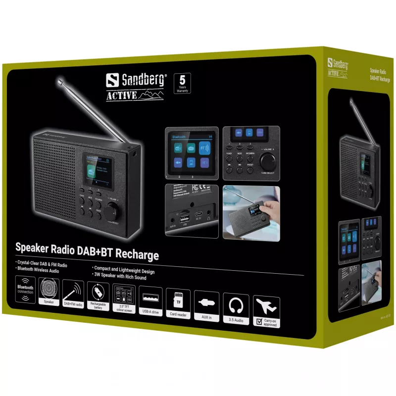 Sandberg garsiakalbis radijas DAB+BT įkraunamas, nešiojamas, analoginis ir skaitmeninis, DAB+, FM, 87.5–108 MHz, 174–240 MHz, 3 W