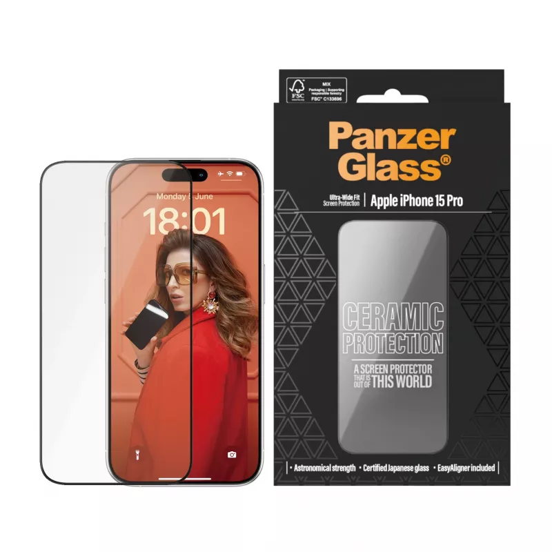 „PanzerGlass®“ keraminė ekrano apsauga „iPhone 15 Pro“ | itin plati danga su „EasyAligner“