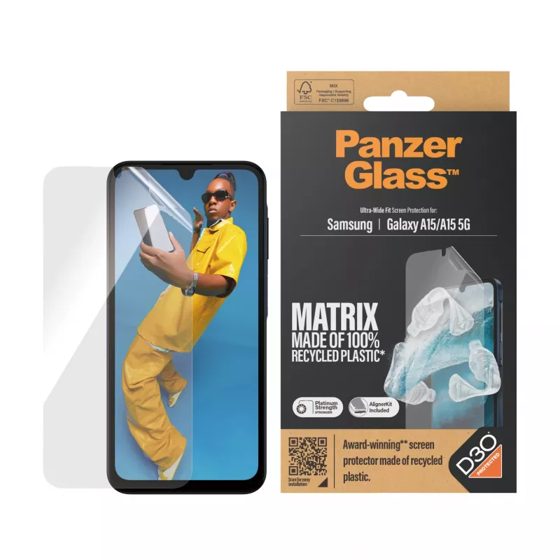 PanzerGlass ® ECO MATRIX apsauginė plėvelė su D3O® Samsung Galaxy A15 | A15 5G | Ultra-Wide Fit su išlyginimo rinkiniu