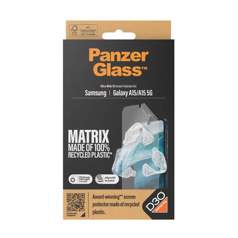 PanzerGlass ® ECO MATRIX apsauginė plėvelė su D3O® Samsung Galaxy A15 | A15 5G | Ultra-Wide Fit su išlyginimo rinkiniu