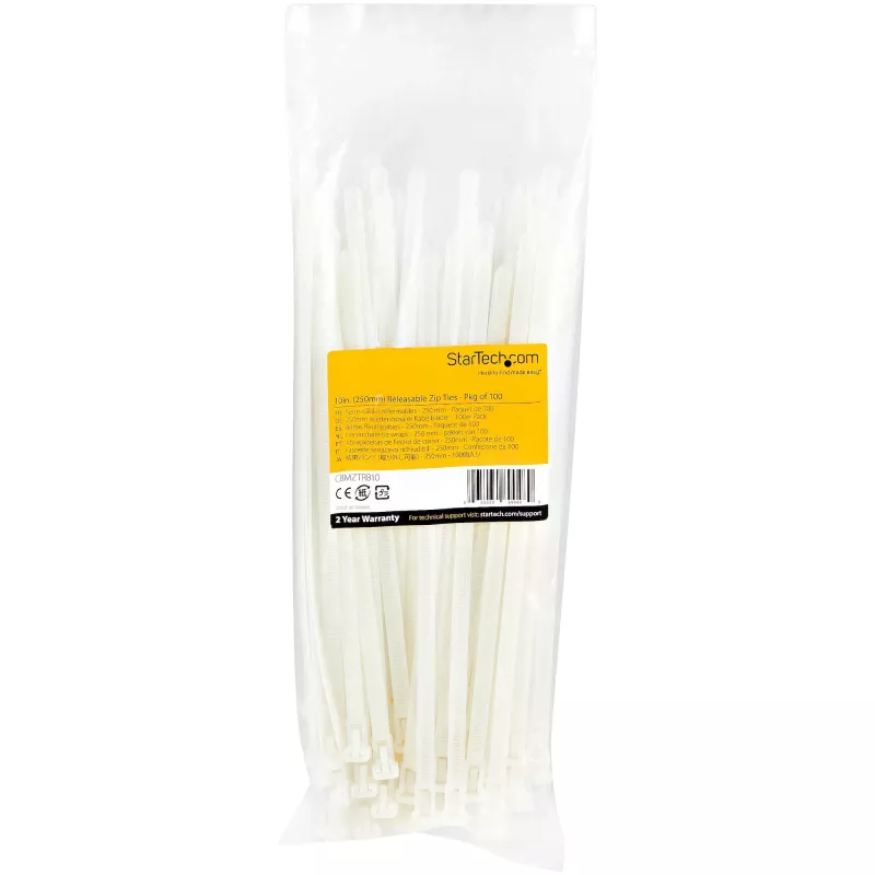 StarTech.com 10 colių (25 cm) daugkartiniai kabelių raiščiai – 1/4 colio (7 mm) pločio, 2-1/2 colio (65 mm) ryšulio skersmuo, 50 svarų (22 kg) tempiamasis stipris, atsegami nailoniniai raiščiai, vidaus/lauko, 94V-2 / UL sąraše, 100 vnt. – balti