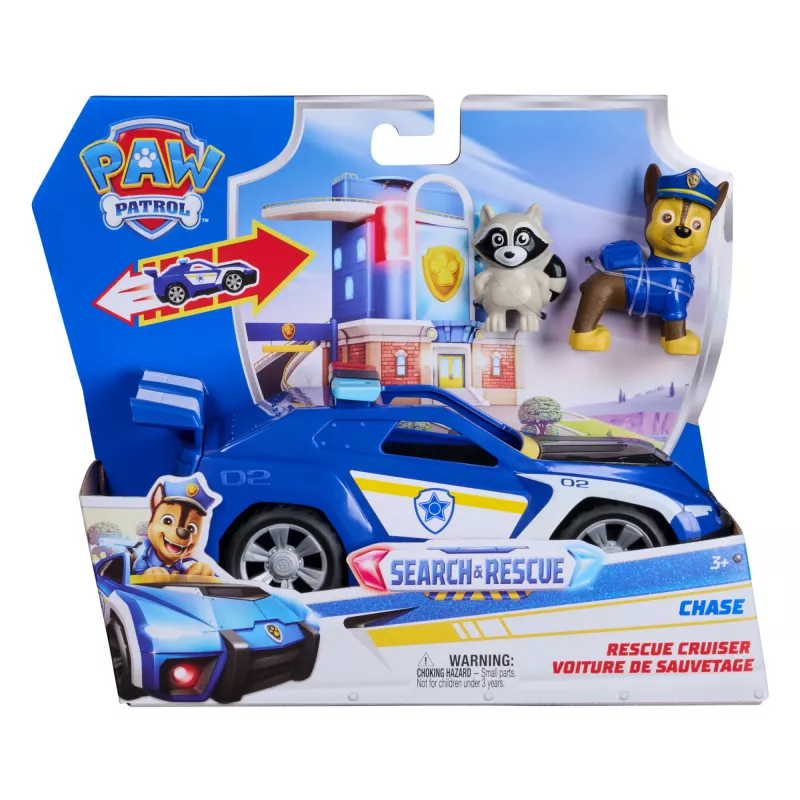 PAW Patrol: Search & Rescue, Chase Rescue Cruiser automobilis su 2 figūrėlėmis, policijos automobilio žaislas su atitraukimo ir paleidimo veiksmu, vaikiški žaislai berniukams ir mergaitėms nuo 3 metų