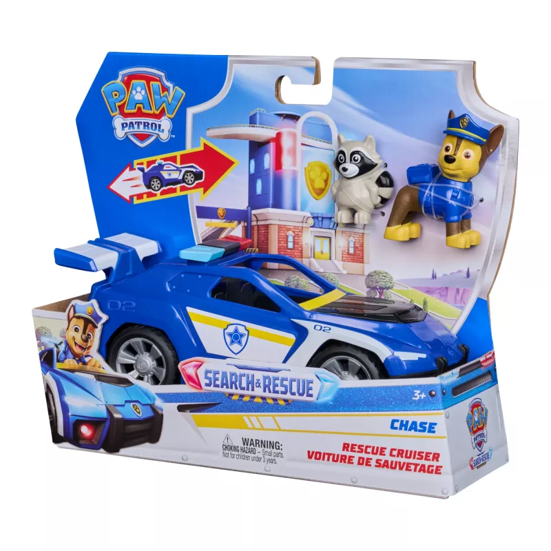 PAW Patrol: Search & Rescue, Chase Rescue Cruiser automobilis su 2 figūrėlėmis, policijos automobilio žaislas su atitraukimo ir paleidimo veiksmu, vaikiški žaislai berniukams ir mergaitėms nuo 3 metų