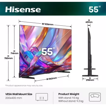 Hisense 55E7S 55 colių QLED 4K Ultra HD išmanusis televizorius su VIDAA, Direct-LED, 3840×2160, 330 cd/m², DVB-T2/C/S2, Wi‑Fi, juodas
