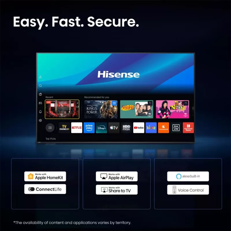 Televizorius Hisense 85E68S 65 colių ULED MiniLED UltraHD/4K, trigubas imtuvas, 144 Hz skydelis, įmontuotas žemų dažnių garsiakalbis