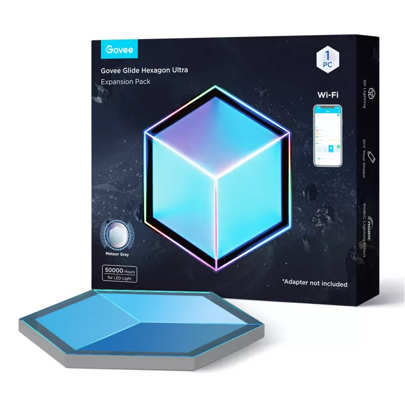 Išmanusis sieninis šviestuvas Govee Glide Hexagon Light Panels Ultra išplėtimo rinkinys – Wi‑Fi / Bluetooth, 36 V įvestis, pilkas