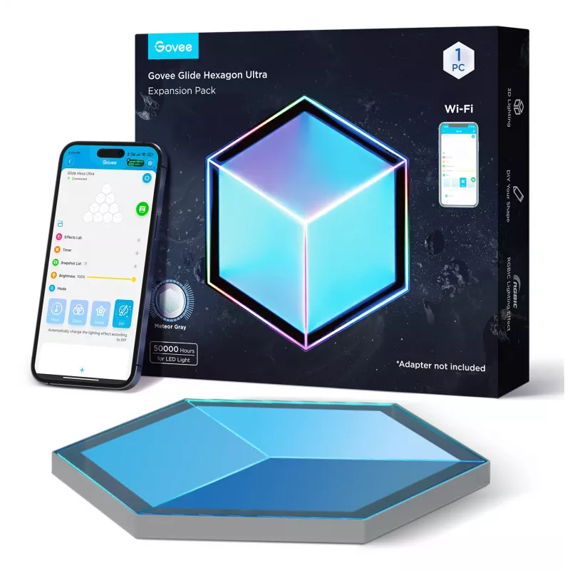 Išmanusis sieninis šviestuvas Govee Glide Hexagon Light Panels Ultra išplėtimo rinkinys – Wi‑Fi / Bluetooth, 36 V įvestis, pilkas