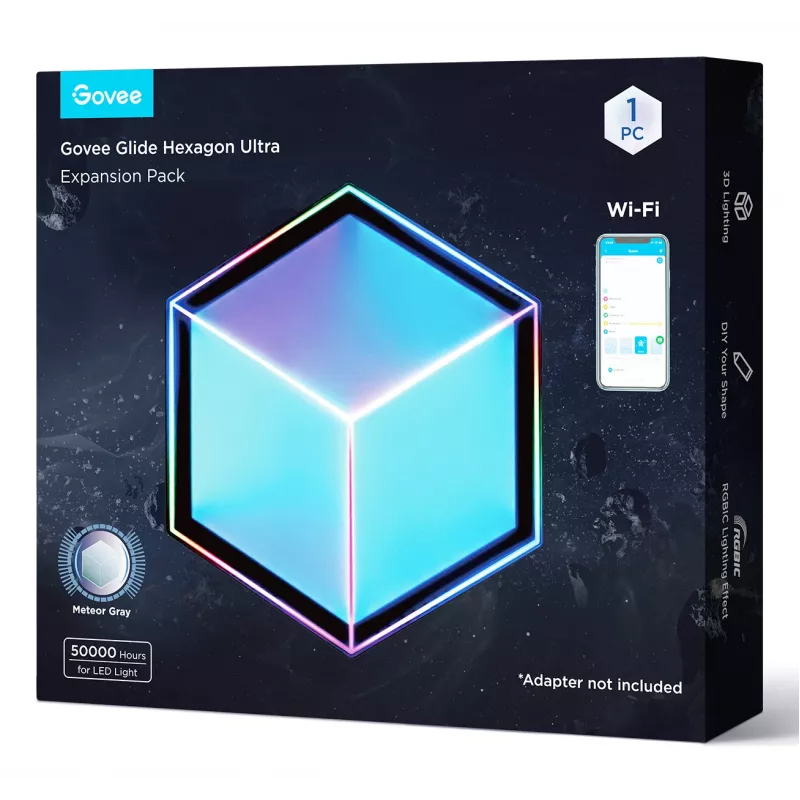 Išmanusis sieninis šviestuvas Govee Glide Hexagon Light Panels Ultra išplėtimo rinkinys – Wi‑Fi / Bluetooth, 36 V įvestis, pilkas