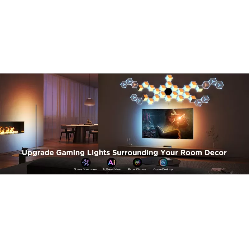 Išmanusis sieninis šviestuvas Govee Glide Hexagon Light Panels Ultra išplėtimo rinkinys – Wi‑Fi / Bluetooth, 36 V įvestis, pilkas