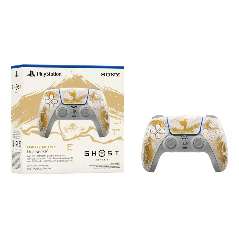 Sony DualSense belaidis valdiklis – Ghost of Yōtei Gold Limited Edition, auksinis, baltas, Bluetooth/USB žaidimų pultas, analoginis / skaitmeninis, Android, MAC, PC, PlayStation 5, iOS