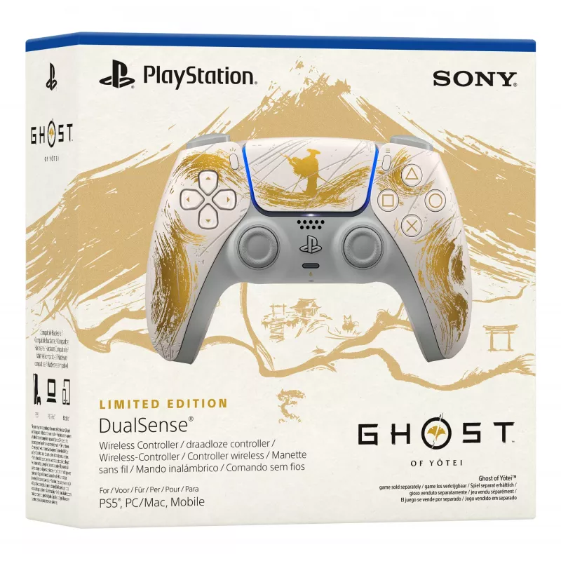 Sony DualSense belaidis valdiklis – Ghost of Yōtei Gold Limited Edition, auksinis, baltas, Bluetooth/USB žaidimų pultas, analoginis / skaitmeninis, Android, MAC, PC, PlayStation 5, iOS