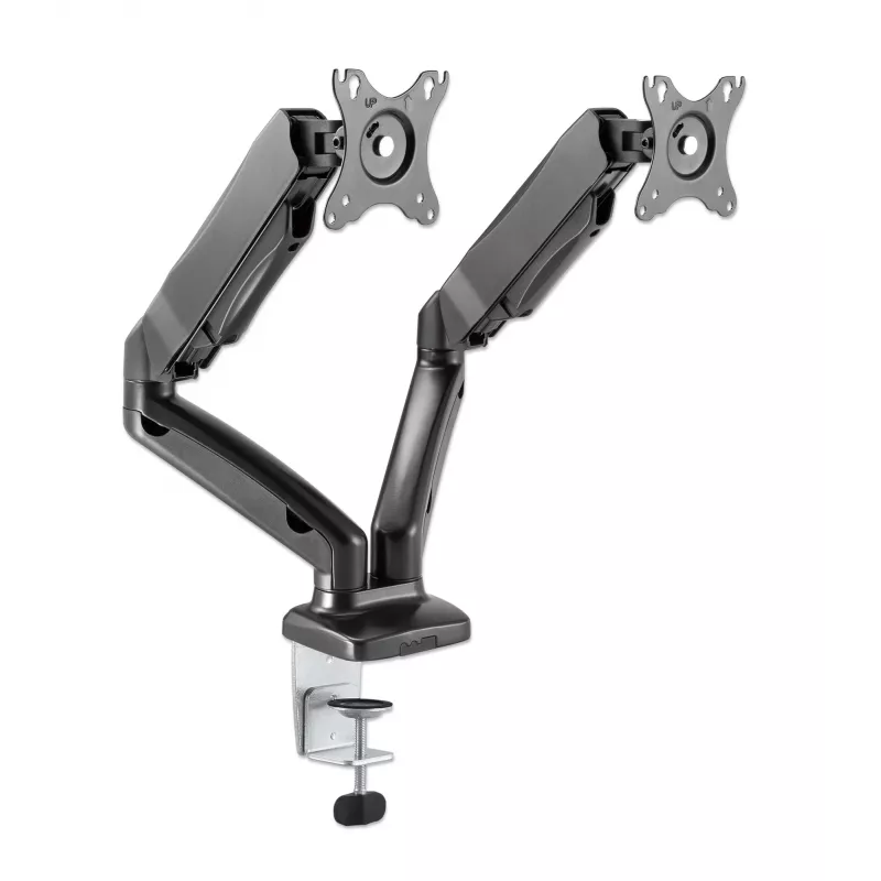 Manhattan Dual Desk Mount for TV & Monitors (Full Motion Spring), For screens 10 inch to 27 inch, C-Clamp or Grommet Assembly,VESA compatibility: 75x75 and 100x100mm -check the dimensions of the four mounting holes on back of screen to ensure it fits,Max 9kg (each),Bracket