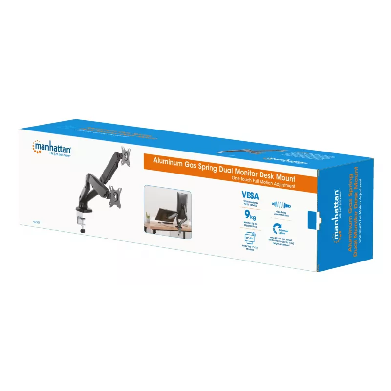 Manhattan Dual Desk Mount for TV & Monitors (Full Motion Spring), For screens 10 inch to 27 inch, C-Clamp or Grommet Assembly,VESA compatibility: 75x75 and 100x100mm -check the dimensions of the four mounting holes on back of screen to ensure it fits,Max 9kg (each),Bracket
