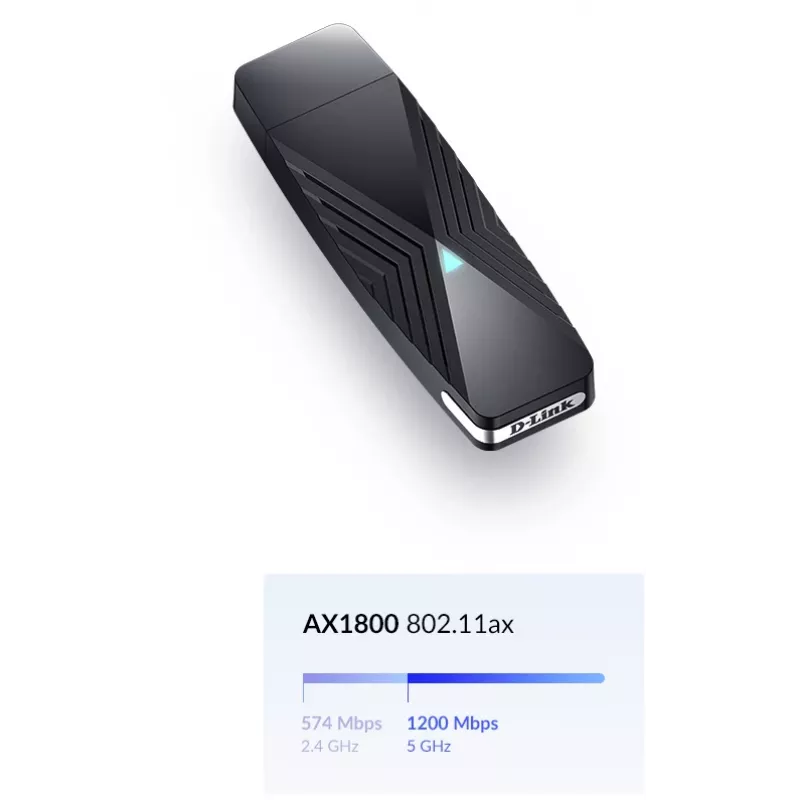 D-Link AX1800 Wi-Fi USB adapteris, belaidis, USB, WLAN, Wi-Fi 6 (802.11ax), 1800 Mbit/s, juodas