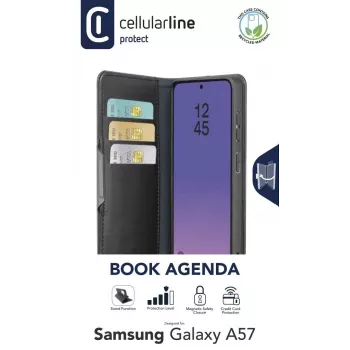 Cellularline Book Agenda 2 - Galaxy A57 knyginis dėklas iš dirbtinės odos su magnetiniu užsegimu, stovo funkcija ir RFID/NFC apsauga bekontaktėms kortelėms.