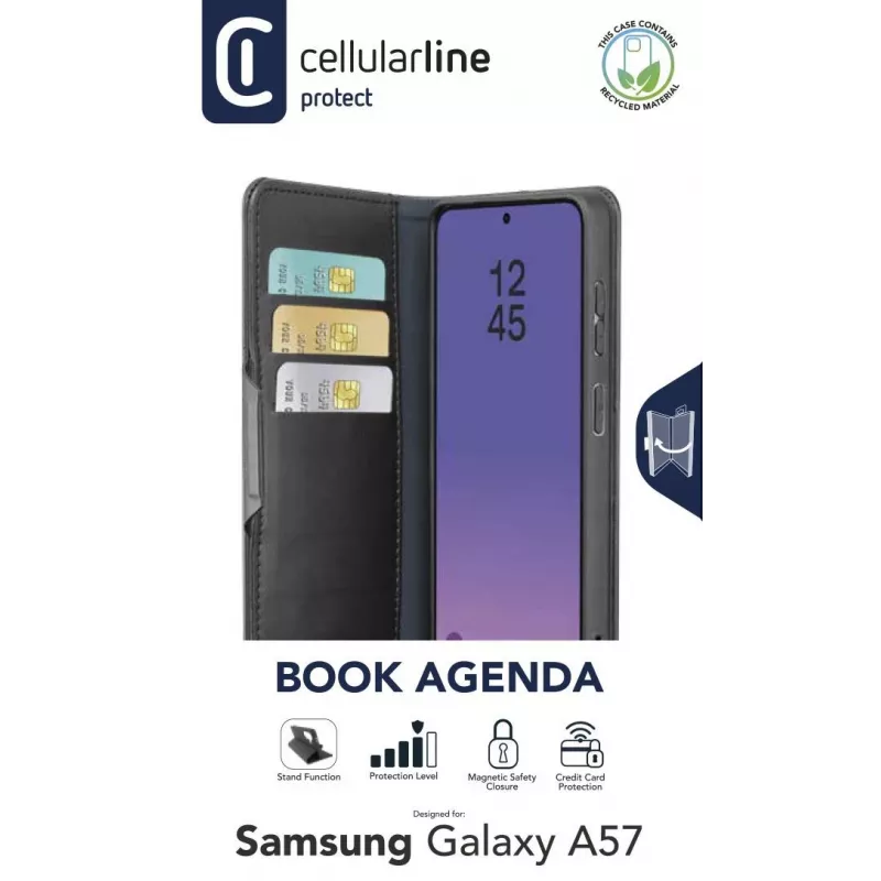 Cellularline Book Agenda 2 - Galaxy A57 knyginis dėklas iš dirbtinės odos su magnetiniu užsegimu, stovo funkcija ir RFID/NFC apsauga bekontaktėms kortelėms.