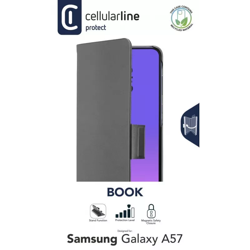 Cellularline Book - Galaxy A57 knyginis dėklas su kortelių kišene, magnetiniu užsegimu ir pilna prieiga prie mygtukų ir jungčių.