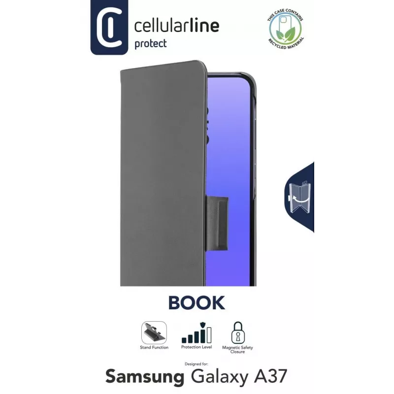 Cellularline BOOK 3 – Galaxy A37 knyginis dėklas su magnetiniu užsegimu, kortelių kišene ir lengvu kortelių išėmimu. Apsaugo telefoną neužblokuodamas mygtukų ir prievadų.