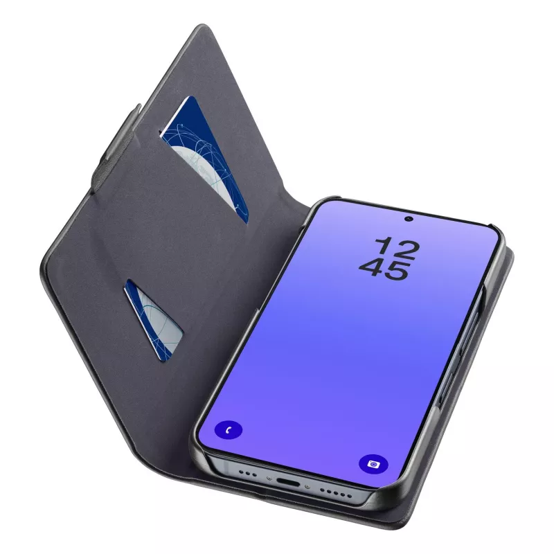 Cellularline BOOK 3 – Galaxy A37 knyginis dėklas su magnetiniu užsegimu, kortelių kišene ir lengvu kortelių išėmimu. Apsaugo telefoną neužblokuodamas mygtukų ir prievadų.