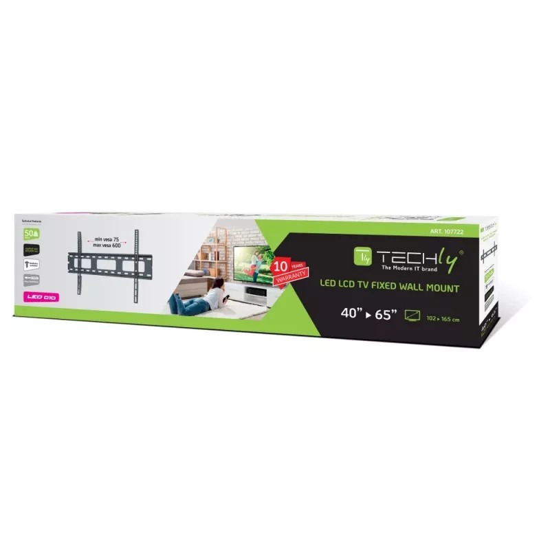 Techly sieninis laikiklis itin ploniems LED LCD televizoriams 40–65 col., 101,6 cm (40 col.), 165,1 cm (65 col.), 100 x 100 mm, 600 x 400 mm, metalinis, juodas