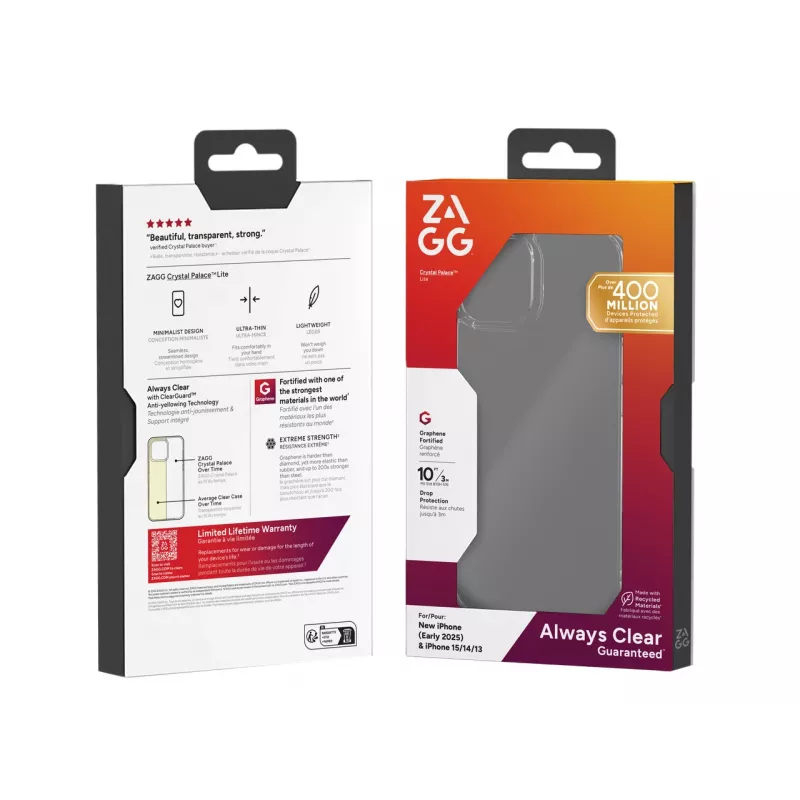ZAGG Crystal Palace Lite dėklas, skirtas Apple iPhone 17e/16e/15/14/13, Dangtelis, Apple, iPhone 17e/16e/15/14/13, 15,5 cm (6,1 colio), Skaidrus