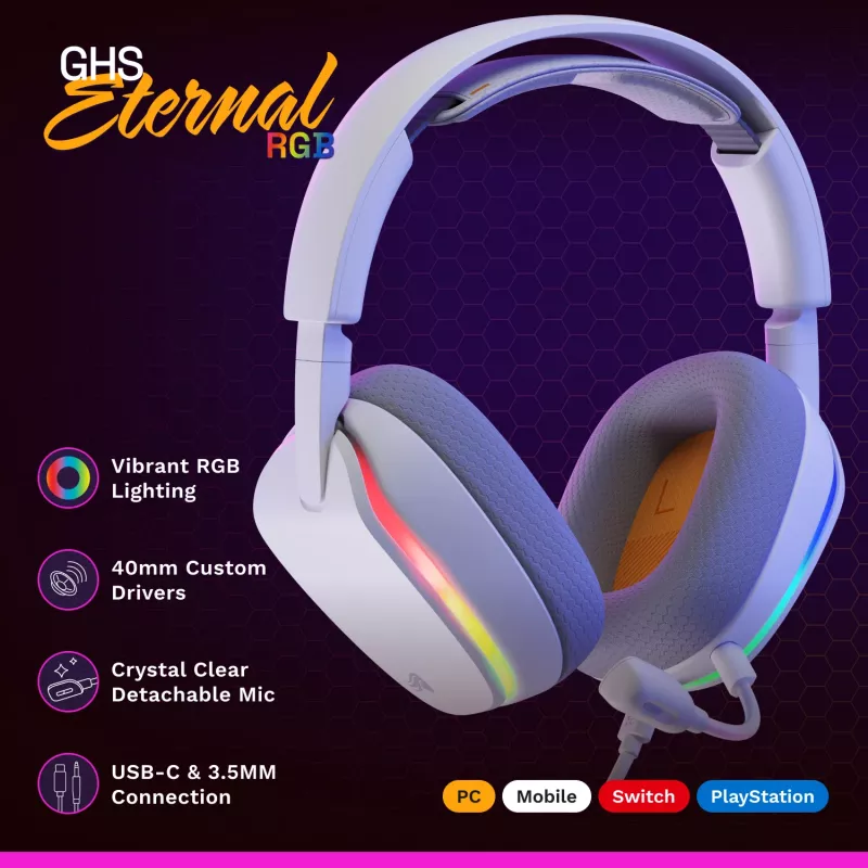 Glorious Gaming Glorious GHS Eternal RGB - stereofoninės RGB žaidimų ausinės, skirtos PC, PS5, PS4, Switch - pagal užsakymą suderintos kampinės tvarkyklės, reguliuojamas itin aiškus nuimamas mikrofonas, USB-C - patvarios, visos dienos/nakties komfortas - baltos